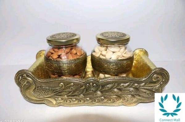 VNS Tray and Jar Peacock Tray wooden 2. Glass Jar,Gold) -